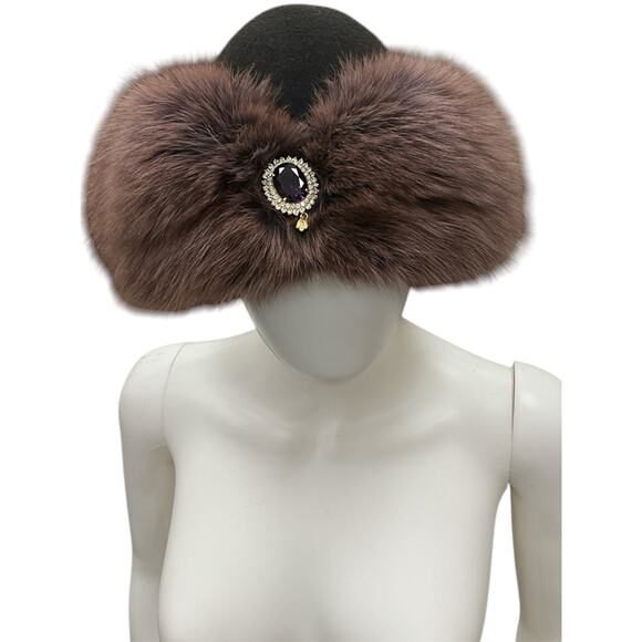 Vintage Felt Top Trapper Hat with Fox Fur and Gem Embellishment - Picture 2 of 6